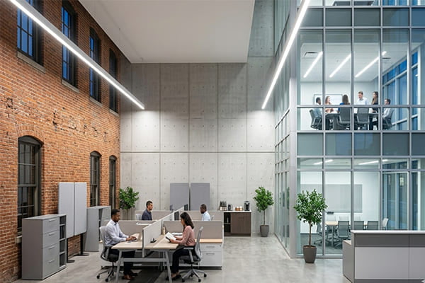 A modern office with clean 4000K neutral white lighting